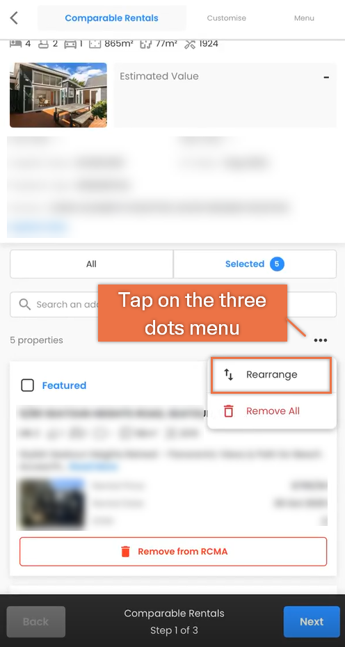 Comparable Rentals app screen highlighting the three dots menu