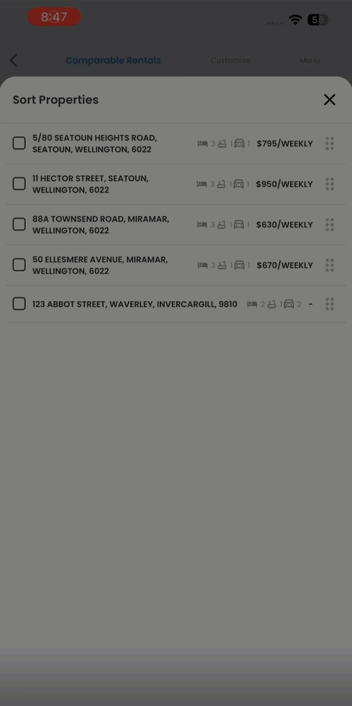 Animated GIF showing how to rearrange properties using the grid icon